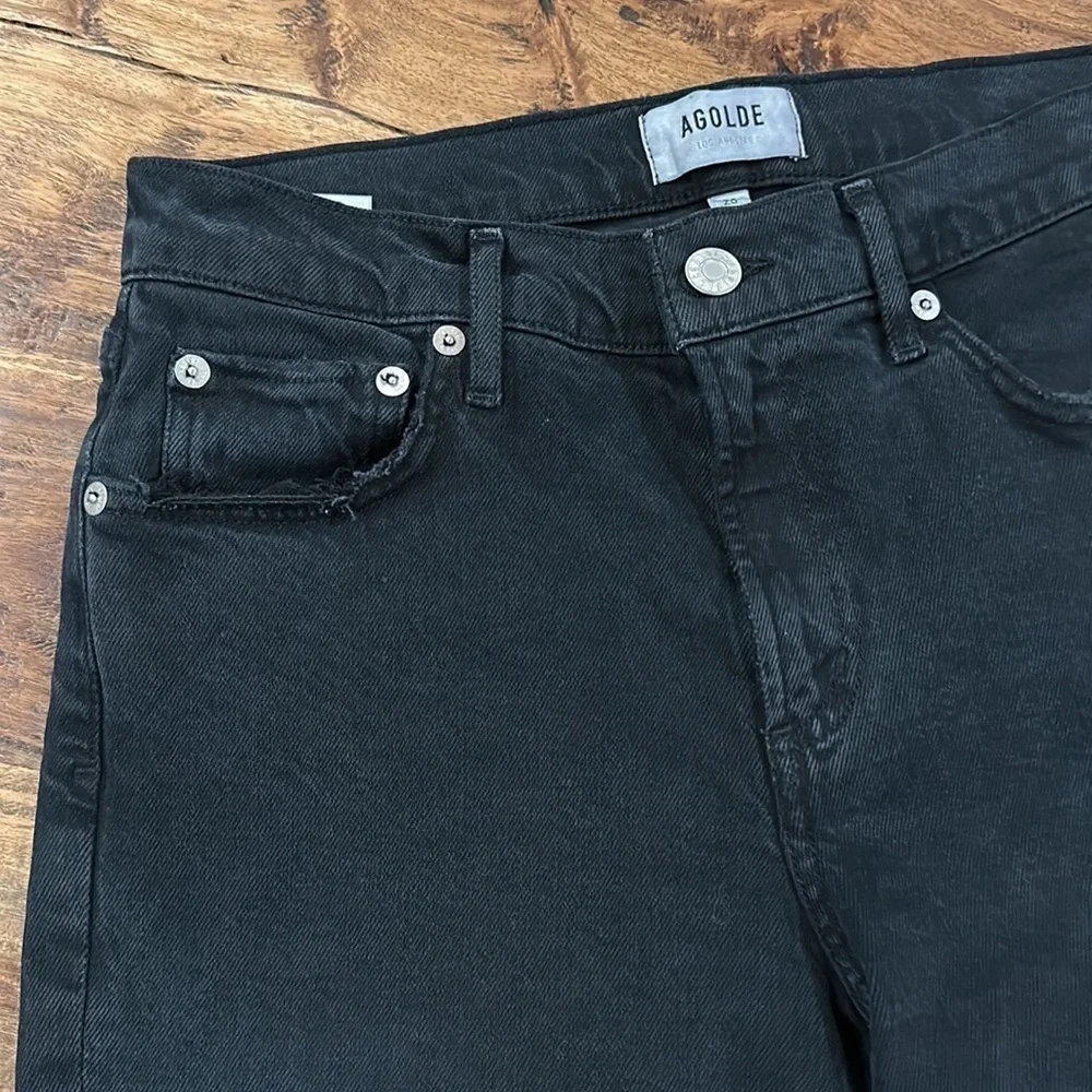 Agolde Toni Mid Rise Straight Leg Jeans Distressed Raw Fray Hem Black Wash sz 26